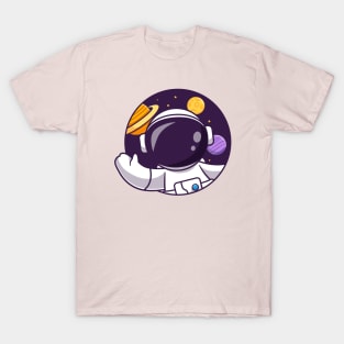 Cute Astronaut Waving Hand In Space Hole Cartoon T-Shirt